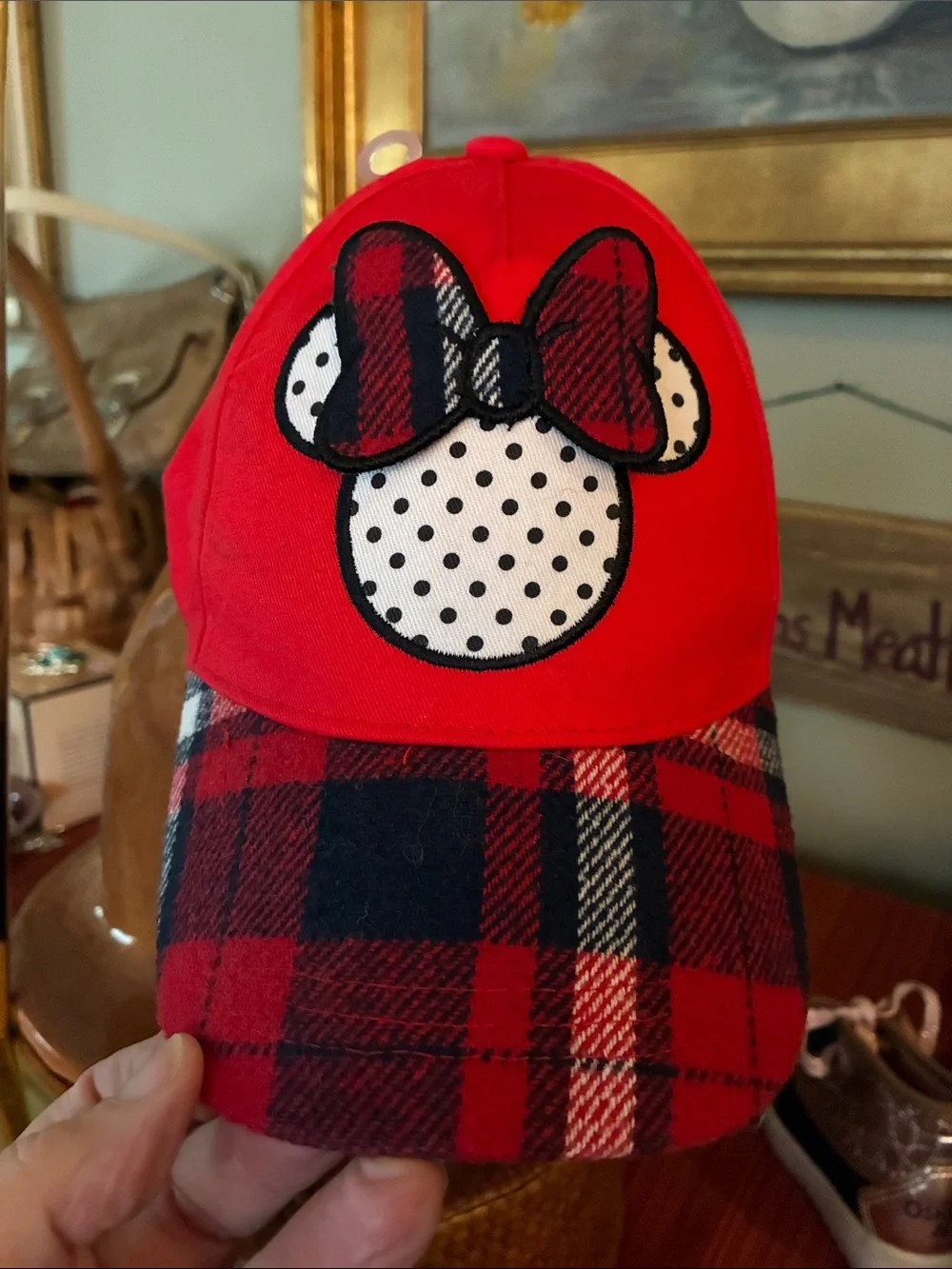 Disney Red Plaid Bow Kids Baseball Cap Adjustable back